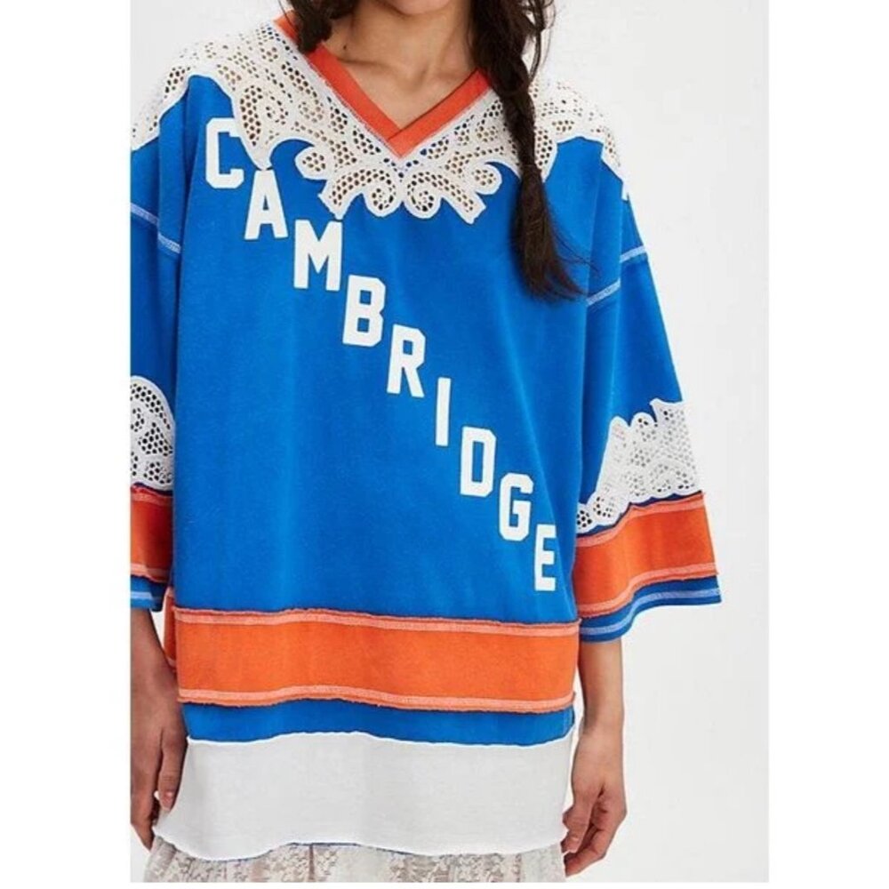 We‎ the Free Stanley Tee in blue crochet embroidered collegiate relaxed sz S
